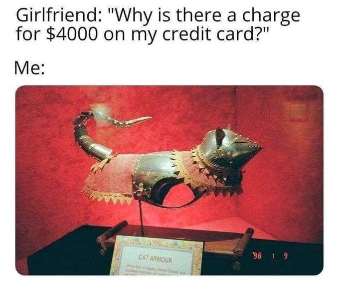 Girlfriend: "Why is there a charge for $4000 on my credit card?" Me: '98 9 CAT ARMOUR