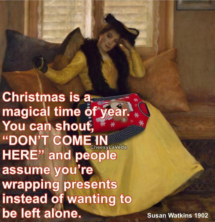 Christmas is a; magical time of year. You can shouť, "DON'T COME IN CheesyLaVeda HERE" and people assume you're wrapping presents instead of wanting to be left alone. Susan Watkins 1902