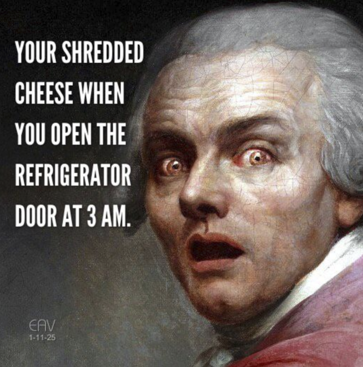 YOUR SHREDDED CHEESE WHEN YOU OPEN THE REFRIGERATOR DOOR AT 3 AM. EAV 1-11-25