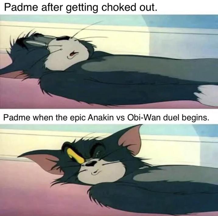 Padme after getting choked out. Padme when the epic Anakin vs Obi-Wan duel begins.
