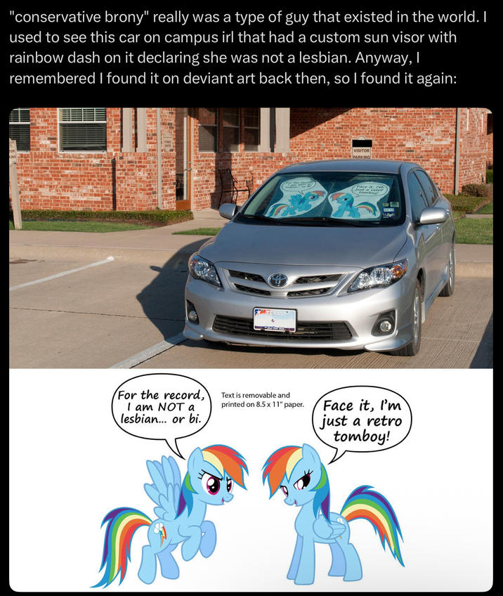 "conservative brony" really was a type of guy that existed in the world. I used to see this car on campus irl that had a custom sun visor with rainbow dash on it declaring she was not a lesbian. Anyway, I remembered I found it on deviant art back then, so I found it again: TEXAS VISITOR PARKING Face it, I'm Just a retro tomboy! For the record, I am NOT a lesbian... or bi. Text is removable and printed on 8.5 x 11" paper. Face it, I'm just a retro tomboy!