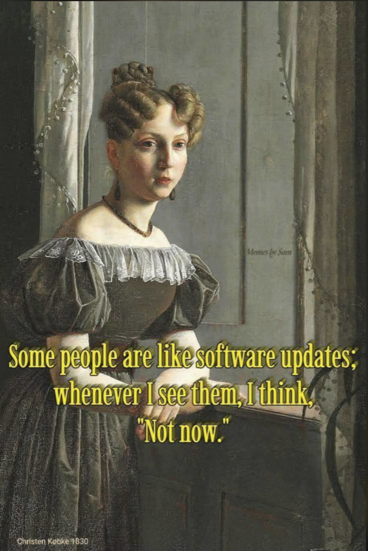 Memes Sam Some people are like software updates; whenever I see them. I think "Not now." Christen Kobke 1830