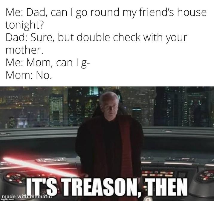 Me: Dad, can I go round my friend's house. tonight? Dad: Sure, but double check with your mother. Me: Mom, can I g- Mom: No. IT'S TREASON, THEN made with mematic englip.com
