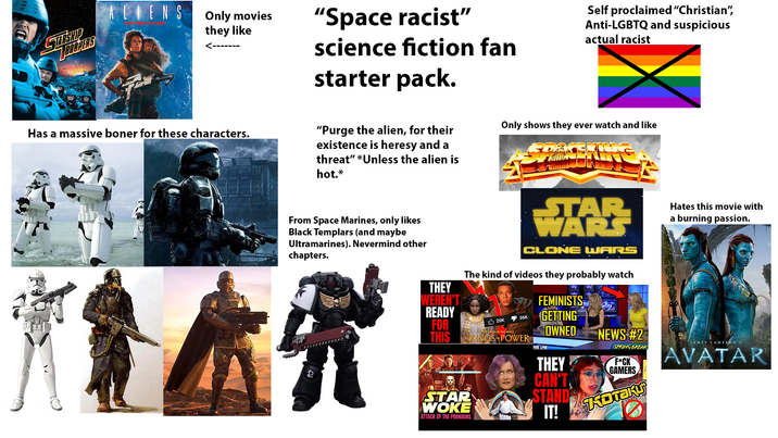 STARSHIP TROOPERS ALIENS Only movies they like "Space racist" science fiction fan starter pack. Self proclaimed "Christian", Anti-LGBTQ and suspicious actual racist Has a massive boner for these characters. "Purge the alien, for their existence is heresy and a threat" *Unless the alien is hot.* Only shows they ever watch and like From Space Marines, only likes Black Templars (and maybe Ultramarines). Nevermind other chapters. R THEY WEREN'T READY FOR THIS STAR WARS CLONE WARS The kind of videos they probably watch Hates this movie with a burning passion. STAR WOKE ATTACK OF THE PRONOUNS FEMINISTS 36K 20K THE LORD OF THE RINGS GETTING OWNED NEWS #2 RINGS POWER FOX POK THEY CAN'T SPRING BREAK F*CK GAMERS STAND TAKU JAMES CAMERON'S AVATAR IT!