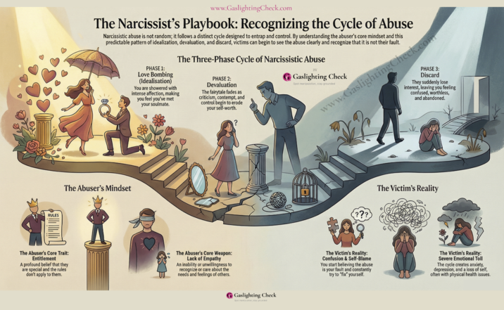 RULES www.GaslightingCheck.com The Narcissist's Playbook: Recognizing the Cycle of Abuse Narcissistic abuse is not random; it follows a distinct cycle designed to entrap and control. By understanding the abuser's core mindset and this predictable pattern of idealization, devaluation, and discard, victims can begin to see the abuse clearly and recognize that it is not their fault. PHASE 1: Love Bombing (Idealisation) You are showered with intense affection, making you feel you've met your soulmate. The Three-Phase Cycle of Narcissistic Abuse PHASE 2: Devaluation The fairytale fades as criticism, contempt, and control begin to erode your self-worth. ? BY www.GaslightingCheck.com Gaslighting Check Spot manipulation, stay grounded PHASE 3: Discard They suddenly lose interest, leaving you feeling confused, worthless, and abandoned. The Abuser's Mindset The Abuser's Core Trait: Entitlement A profound belief that they are special and the rules" don't apply to them. The Abuser's Core Weapon: Lack of Empathy An inability or unwillingness to recognize or care about the needs and feelings of others. Gaslighting Check Spot manipulation, stay grounded ??? The Victim's Reality The Victim's Reality: Confusion & Self-Blame You start believing the abuse is your fault and constantly try to "fix" yourself. The Victim's Reality: Severe Emotional Toll The cycle creates anxiety, depression, and a loss of self, often with physical health issues.