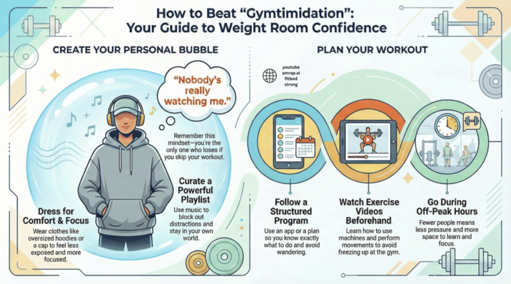 How to Beat "Gymtimidation": Your Guide to Weight Room Confidence CREATE YOUR PERSONAL BUBBLE "Nobody's really watching me." PLAN YOUR WORKOUT youtube amrap.ai fitbod strong Dress for Comfort & Focus Wear clothes like oversized hoodies or a cap to feel less exposed and more focused. Remember this mindset-you're the only one who loses if you skip your workout. Curate a Powerful Playlist Use music to block out distractions and stay in your own world. L OOOOO | || || || || || Follow a Structured Program Use an app or a plan so you know exactly what to do and avoid wandering. Watch Exercise Videos Beforehand Learn how to use machines and perform movements to avoid freezing up at the gym. H Go During Off-Peak Hours Fewer people means less pressure and more space to learn and focus. (O)