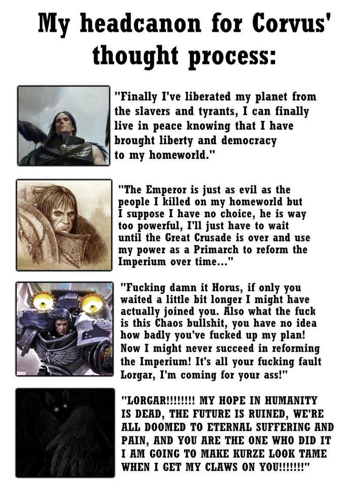 My headcanon for Corvus' thought process: "Finally I've liberated my planet from the slavers and tyrants, I can finally live in peace knowing that I have brought liberty and democracy to my homeworld." "The Emperor is just as evil as the people I killed on my homeworld but suppose I have no choice, he is way too powerful, I'll just have to wait until the Great Crusade is over and use my power as a Primarch to reform the Imperium over time..." "F------ damn it Horus, if only you waited a little bit longer I might have actually joined you. Also what the f--- is this Chaos b-------, you have no idea how badly you've f----- up my plan! Now I might never succeed in reforming the Imperium! It's all your f------ fault Lorgar, I'm coming for your ass!" "LORGAR!!!!!!!! MY HOPE IN HUMANITY IS DEAD, THE FUTURE IS RUINED, WE'RE ALL DOOMED TO ETERNAL SUFFERING AND PAIN, AND YOU ARE THE ONE WHO DID IT I AM GOING TO MAKE KURZE LOOK TAME WHEN I GET MY CLAWS ON YOU!!!!!!!!"