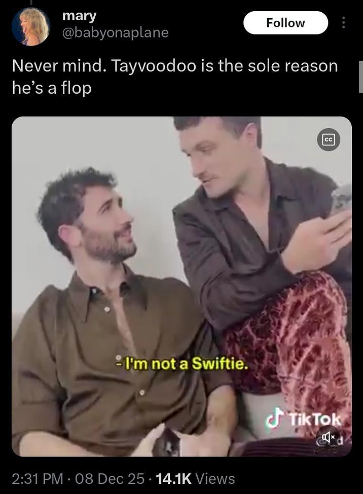 A deleted "tweet":https://knowyourmeme.com/memes/sites/twitter-x from X user @babyonaplane about the Josh Hutcherson Taylor Swift Comments Backlash.