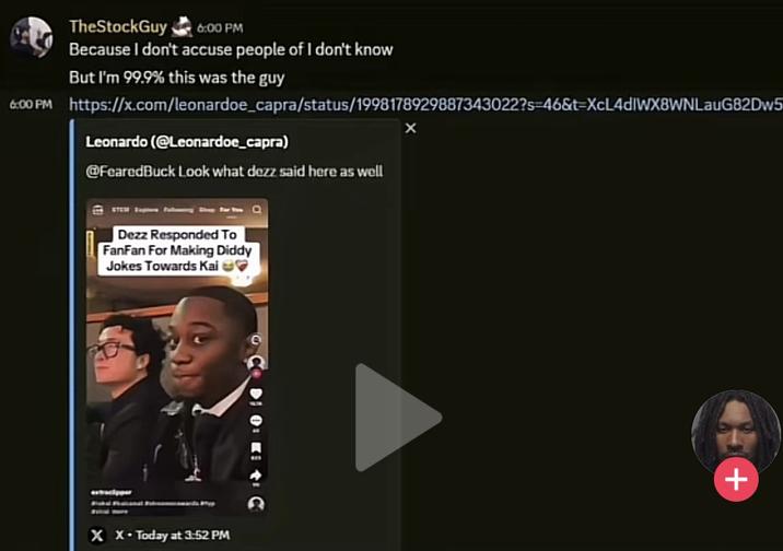 A screenshot of Discord messages from TheStockGuy's channel. They claim that Dezz is likely the one who threatened FanFan.