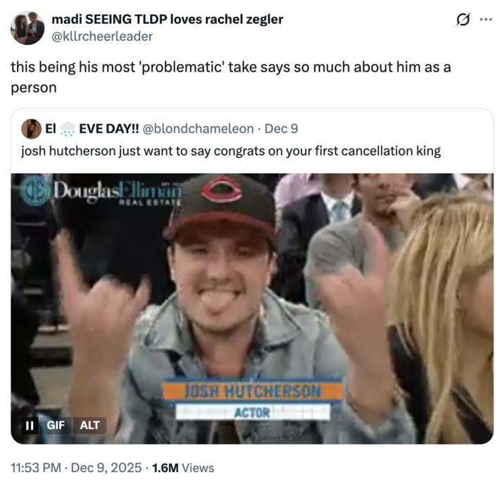 A "tweet":https://knowyourmeme.com/memes/sites/twitter-x about the Josh Hutcherson Taylor Swift Comments Backlash.