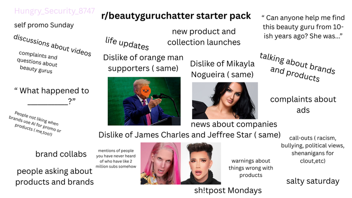 Hungry_Security_8747 self promo Sunday discussions about videos complaints and questions about beauty gurus "What happened to People not liking when brands use Al for promo or products (me, too!) ?” brand collabs people asking about products and brands r/beautyguruchatter starter pack life updates new product and collection launches Dislike of orange man supporters (same) Dislike of Mikayla Nogueira (same) "Can anyone help me find this beauty guru from 10- ish years ago? She was..." talking about brands and products complaints about ads news about companies Dislike of James Charles and Jeffree Star (same) mentions of people you have never heard of who have like 2 million subs somehow warnings about things wrong with products sh!tpost Mondays call-outs (racism, bullying, political views, shenanigans for clout,etc) salty saturday