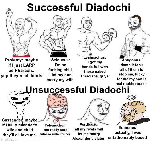 Successful Diadochi Ptolemy: maybe if I just LARP as Pharaoh.. yep they're all idiots Seleucus: I'm so f------ chill, Lysimachus: I got my hands full with these naked I let my son marry my wife Thracians, guys Antigonus: damn it took all of them to stop me, lucky for me my son is real rabble rouser Unsuccessful Diadochi Cassander: maybe if I kill Alexander's wife and child they'll all love me imgflip.com Polyperchon: not really sure whose side I'm on Perdiccas: all my rivals will Eumenes: actually, I was let me marry Alexander's sister unfathomably based