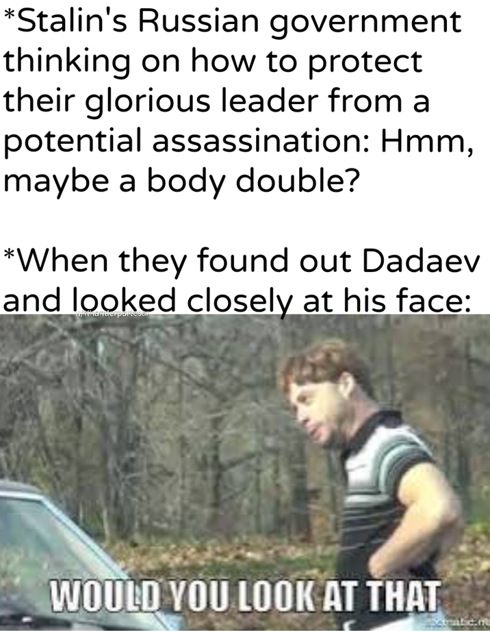 *Stalin's Russian government thinking on how to protect their glorious leader from al potential assassination: Hmm, maybe a body double? *When they found out Dadaev and looked closely at his face: u/Khantlerpartesar WOULD YOU LOOK AT THAT