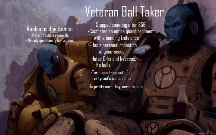 Rookie orchiectomist -Mere 5 testicle removals -Already questioning her actions Veteran Ball Taker -Stopped counting after 856 -Castrated an entire guard regiment with a bonding knife once Has a personal collection of gene-seeds -Hates Orks and Necrons. No balls -Tore something out of a hive tyrant's crotch once Is pretty sure they were its balls DG 2010