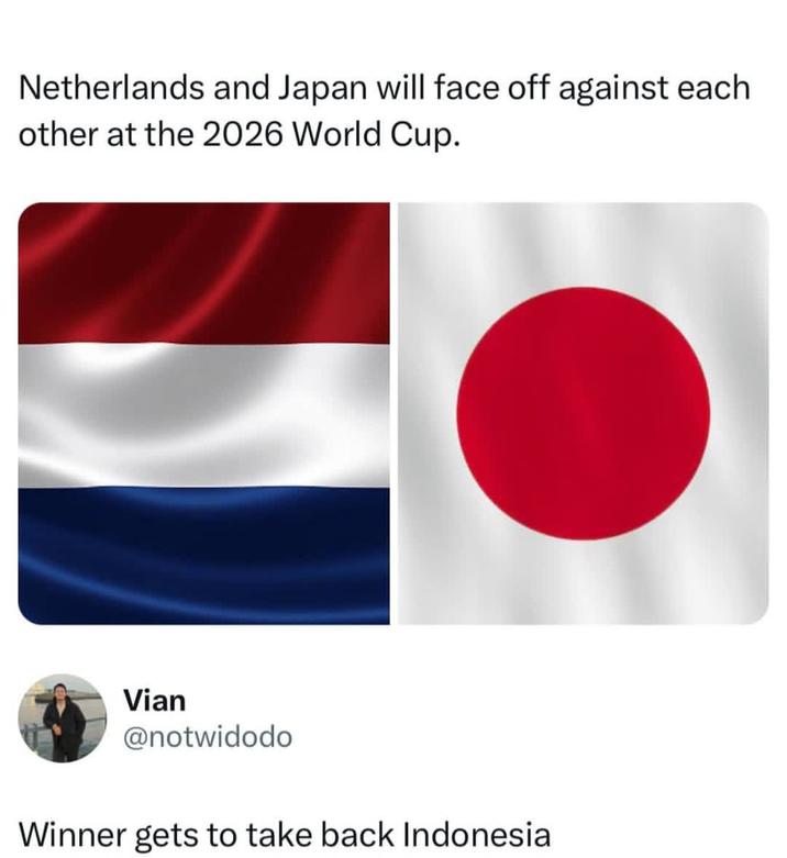 Netherlands and Japan will face off against each other at the 2026 World Cup. Vian @notwidodo Winner gets to take back Indonesia