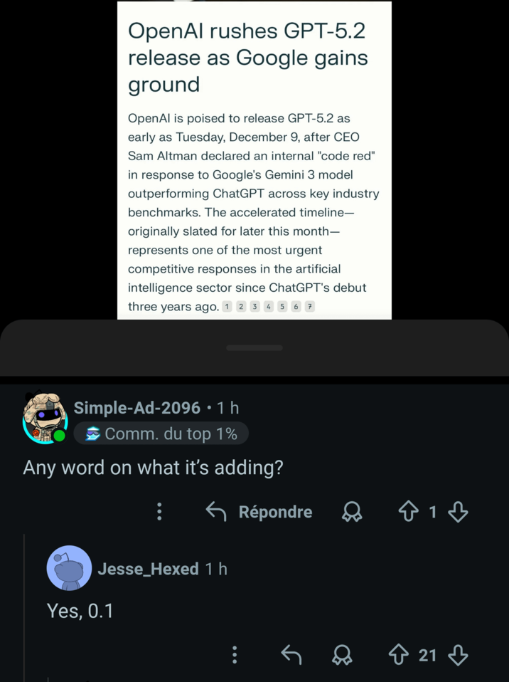OpenAl rushes GPT-5.2 release as Google gains ground OpenAl is poised to release GPT-5.2 as early as Tuesday, December 9, after CEO Sam Altman declared an internal "code red" in response to Google's Gemini 3 model outperforming ChatGPT across key industry benchmarks. The accelerated timeline- originally slated for later this month- represents one of the most urgent competitive responses in the artificial intelligence sector since ChatGPT's debut three years ago. 1 2 3 Simple-Ad-2096 • 1 h O Comm. du top 1% Any word on what it's adding? Jesse Hexed 1 h Yes, 0.1 Répondre ❀ 21