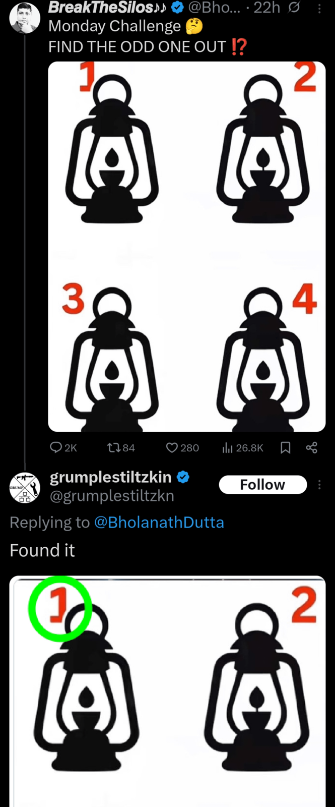 GRUMP BreakTheSilos♪♪ @Bho... · 22h Ø Monday Challenge FIND THE ODD ONE OUT!? 3 (A) 2K 1784 grumplestiltzkin ❤ @grumplestiltzkn (A) 2 4 (A) 280 ılı 26.8K ☐ Follow Replying to @Bholanath Dutta Found it (A) (A) 2