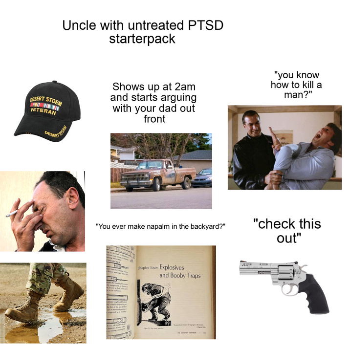 Uncle with untreated PTSD starterpack DESERT STORM VETERAN Shows up at 2am and starts arguing with your dad out front DESERT STORM "You ever make napalm in the backyard?" ન માગવાન મા દાતા જ સગા માધ્ય contact and aften as pr troying anonymity PROJECTILE A a dart form for delines and laject a chapter four: Explosives and Booby Traps lable for loading by w by compressed air bebida se to rest in feh The des or in its usefale similar weight and belast the feel of the gue without can be fred indefinitely a suggested as a backp 2.5 cc. of quid tear g diameter. It has a salty ien kading making F7The medi THE ANARCHST COOK300 13 "you know h---------- a man?" "check this out"