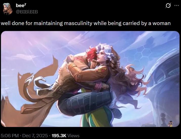 A meme of Rogue holding Gambit. The meme reads, "Well done for maintaining masculinity while being carried by a woman."
