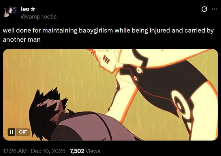 leo⭑ @vampnoctis well done for maintaining babygirlism while being injured and carried by another man II GIF . . 12:28 AM Dec 10, 2025 7,502 Views