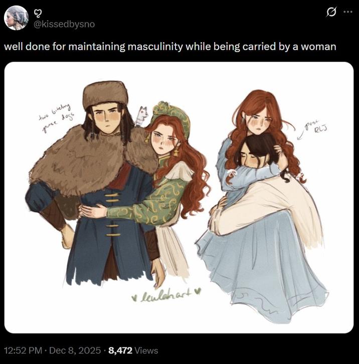 $2 @kissedbysno well done for maintaining masculinity while being carried by a woman two bitchy purse dogs ♥leulahart♥ 12:52 PM • Dec 8, 2025 8,472 Views Post RLJ