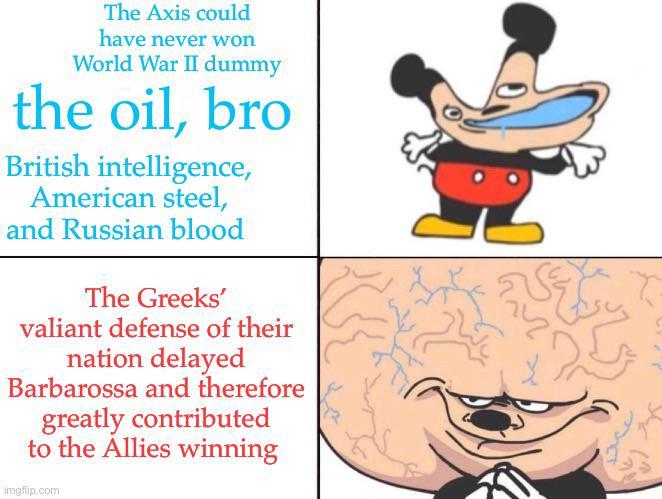 The Axis could have never won World War II dummy the oil, bro British intelligence, American steel, and Russian blood The Greeks' valiant defense of their nation delayed Barbarossa and therefore greatly contributed to the Allies winning imgflip.com