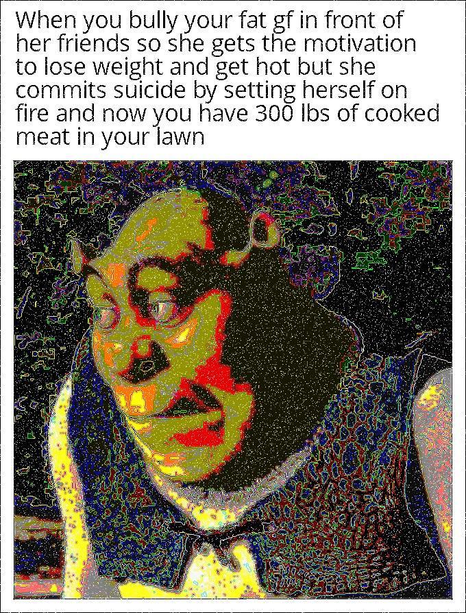 When you bully your fat gf in front of her friends so she gets the motivation to lose weight and get hot but she commits suicide by setting herself on fire and now you have 300 lbs of cooked meat in your lawn