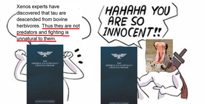 Xenos experts have discovered that tau are descended from bovine herbivores. Thus they are not predators and fighting is 'unnatural to them. HAHAHA YOU ARE SO INNOCENT!! THE IMPERIAL INFANTRYMAN'S UPLIFTING PRIMER THE IMPERIAL INFANTRYMAN'S UPLIFTING PRIMER DAMOCLES GULF EDITION DAMOCLES GULE EDITION