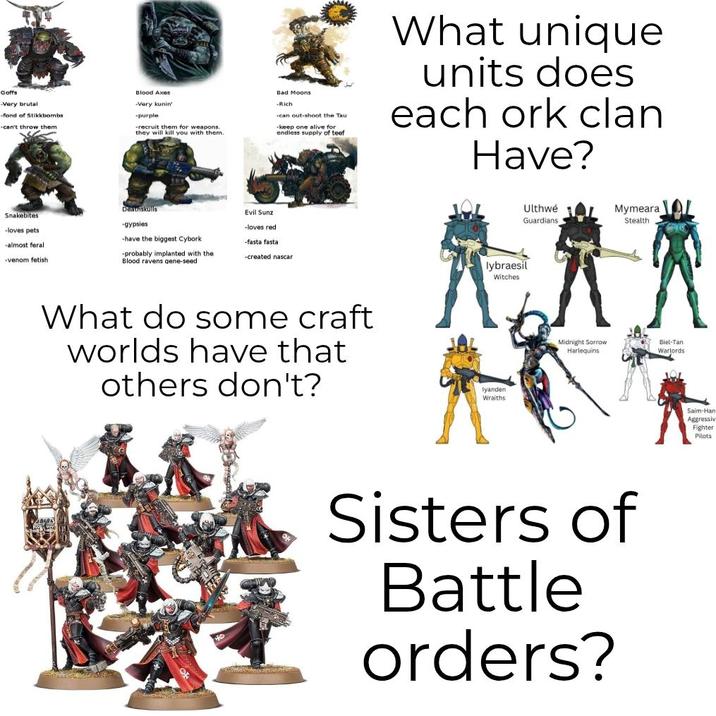 Goffs -Very brutal -fond of Stikkbombs -can't throw them Blood Axes -Very kunin' -purple -recruit them for weapons. they will kill you with them. Bad Moons -Rich -can out-shoot the Tau -keep one alive for endless supply of teef What unique units does each ork clan Have? Snakebites -loves pets. -almost feral -venom fetish Deathskuils -gypsies -have the biggest Cybork. -probably implanted with the Blood ravens gene-seed Evil Sunz -loves red -fasta fastal -created nascar What do some craft worlds have that others don't? C Ulthwé Guardians Mymeara Stealth lybraesil Witches lyanden. Wraiths Midnight Sorrow Harlequins Biel-Tan Warlords Sisters of Battle orders? Saim-Han Aggressiv Fighter Pilots