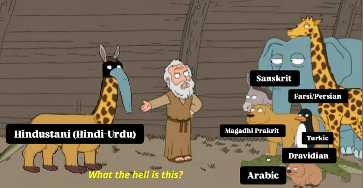 Hindustani (Hindi-Urdu) wwww What the hell is this? Sanskrit Farsi/Persian Magadhi Prakrit Turkic Dravidian M Arabic