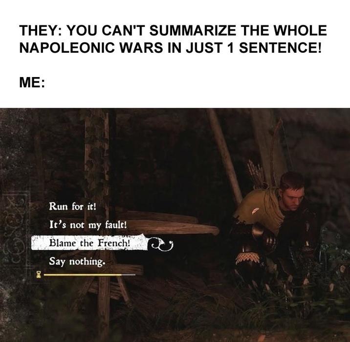 THEY: YOU CAN'T SUMMARIZE THE WHOLE NAPOLEONIC WARS IN JUST 1 SENTENCE! ME: Run for it! It's not my fault! Blame the French! Say nothing. D-B