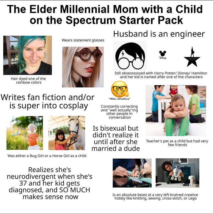 The Elder Millennial Mom with a Child on the Spectrum Starter Pack Husband is an engineer Hair dyed one of the rainbow colors Wears statement glasses Disney Still obsessssssed with Harry Potter/ Disney/ Hamilton and her kid is named after one of the characters Writes fan fiction and/or is super into cosplay Was either a Bug Girl or a Horse Girl as a child Realizes she's neurodivergent when she's 37 and her kid gets diagnosed, and SO MUCH makes sense now "WeLL actuALLY" Constantly correcting and "well actually "ing other people in conversation Is bisexual but didn't realize it until after she married a dude Teacher's pet as a child but had very few friends Is an absolute beast at a very left-brained creative hobby like knitting, sewing, cross-stitch, or Lego