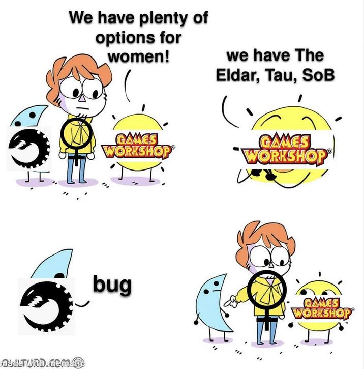 We have plenty of options for women! we have The Eldar, Tau, S-- Made with.nematic GAMES WORKSHOP GAMES WORKSHOP bug GAMES WORKSHOP