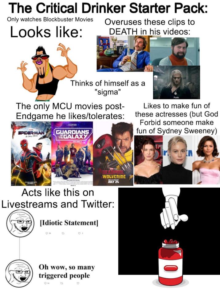 The Critical Drinker Starter Pack: Only watches Blockbuster Movies Looks like: Overuses these clips to DEATH in his videos: Thinks of himself as a "sigma" The only MCU movies post- F---. Likes to make fun of Endgame he likes/tolerates: these actresses (but God SPIDER-MAN No Wing Hame GUARDIANS THE GALAXY VOLUME 3 Forbid someone make fun of Sydney Sweeney) WOLVERINE JULY 24 Acts like this on Livestreams and Twitter: [Idiotic Statement] Oh wow, so many triggered people Q.14 น