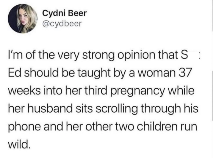 Cydni Beer @cydbeer I'm of the very strong opinion that S: Ed should be taught by a woman 37 weeks into her third pregnancy while her husband sits scrolling through his phone and her other two children run wild.