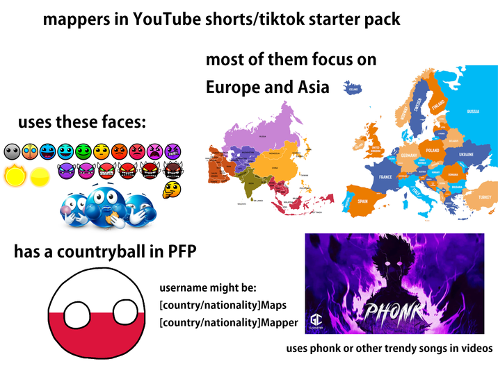 mappers in YouTube shorts/tiktok starter pack uses these faces: most of them focus on Europe and Asia ICELAND JARRAL RUSSIA TURKEY GEORGIA KAZAKHSTAN MONGOLIA N.KOREA S.KOREA EL SYRIA ISRAEL KUW SAUDI ARABIA YEMEN IRAN PAKISTAN MALDIVES CHINA SRI LANKA MALAYSIA TAIWAN PHILIPPINES IRELAND UNITED KINGDOM SPAIN SWEDEN FINLAND POLAND LITHUANIA BELARUS GERMANY CZECH REPUBLIC SLOVAKIA AUSTRIA HUNGARY FRANCE ROMANIA CROATIA SERBIA BULGARIA ITALY GREECE RUSSIA UKRAINE TURKEY has a countryball in PFP username might be: [country/nationality]Maps [country/nationality]Mapper GL GANGSTER PHON uses phonk or other trendy songs in videos