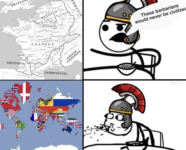 BRITAN Aulerci Aremorio Andes Pictones AQUITANIA Trin Menypi BELGICA Cubi Dee Treveri Lenci The ingenes Airsi CELTICA Lemosices Petreceri Duratio ERMANIA enes Nemes Talings Arverni Votontit Allobroges Sequani Lasebrig Montes GALLIA CISALPINA These barbarians would never be civilized NARBONENSIS P