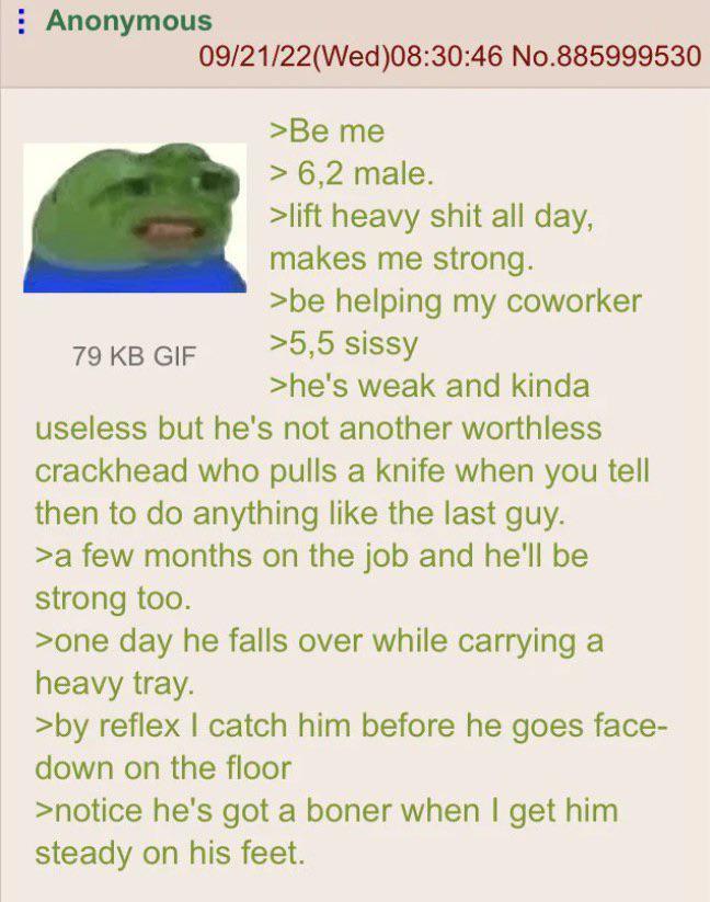 Anonymous 79 KB GIF 09/21/22(Wed)08:30:46 No.885999530 >Be me > 6,2 male. >lift heavy s--- all day, makes me strong. >be helping my coworker >5,5 sissy >he's weak and kinda useless but he's not another worthless crackhead who pulls a knife when you tell then to do anything like the last guy. >a few months on the job and he'll be strong too. >one day he falls over while carrying a heavy tray. >by reflex I catch him before he goes face- down on the floor >notice he's got a boner when I get him steady on his feet.