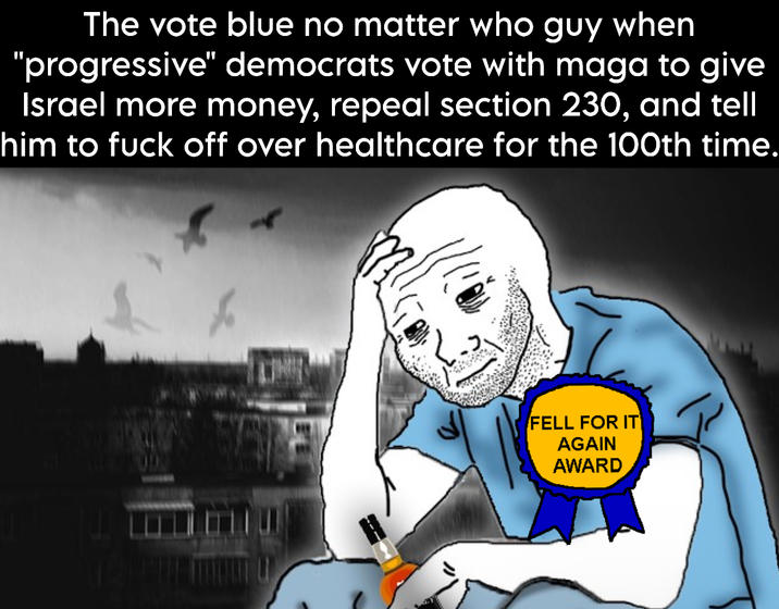 The vote blue no matter who guy when "progressive" democrats vote with maga to give Israel more money, repeal section 230, and tell him to f--- off over healthcare for the 100th time. FELL FOR IT AGAIN AWARD