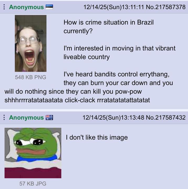 Anonymous 548 KB PNG 12/14/25(Sun)13:11:11 No.217587378 How is crime situation in Brazil currently? I'm interested in moving in that vibrant liveable country I've heard bandits control errythang, they can burn your car down and you will do nothing since they can kill you pow-pow shhhrrrratatataatata click-clack rrratatatatattatatat Anonymous 57 KB JPG 12/14/25(Sun)13:13:48 No.217587432 I don't like this image