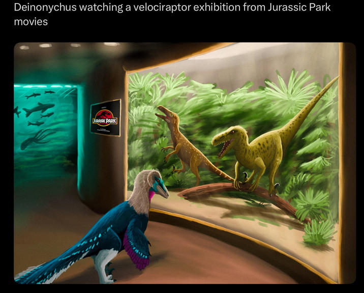 Deinonychus watching a velociraptor exhibition from Jurassic Park movies JURASSIC PARK