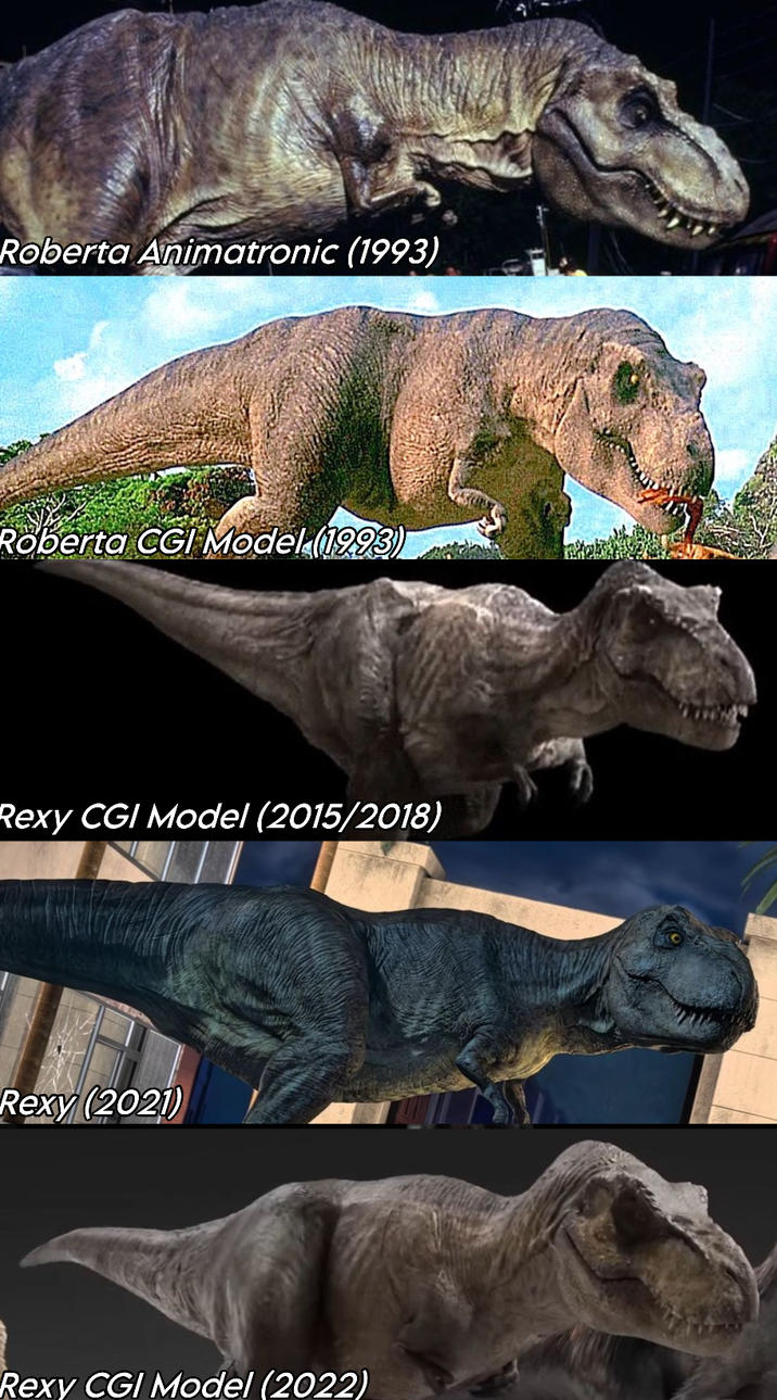 Roberta Animatronic (1993) Roberta CGI Model (1993) Rexy CGI Model (2015/2018) Rexy (2021) Rexy CGI Model (2022)