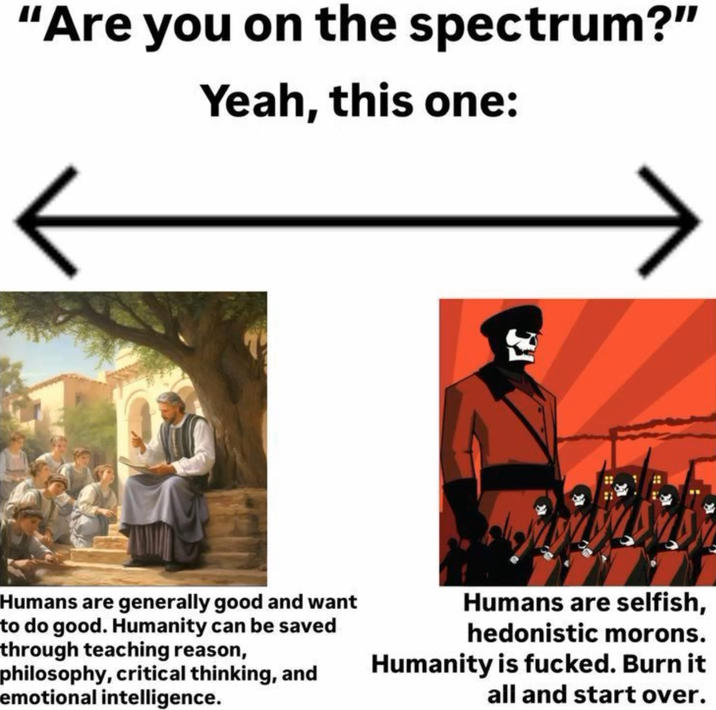 "Are you on the spectrum?" Yeah, this one: Humans are generally good and want to do good. Humanity can be saved through teaching reason, philosophy, critical thinking, and emotional intelligence. Humans are selfish, hedonistic morons. Humanity is f-----. Burn it all and start over.