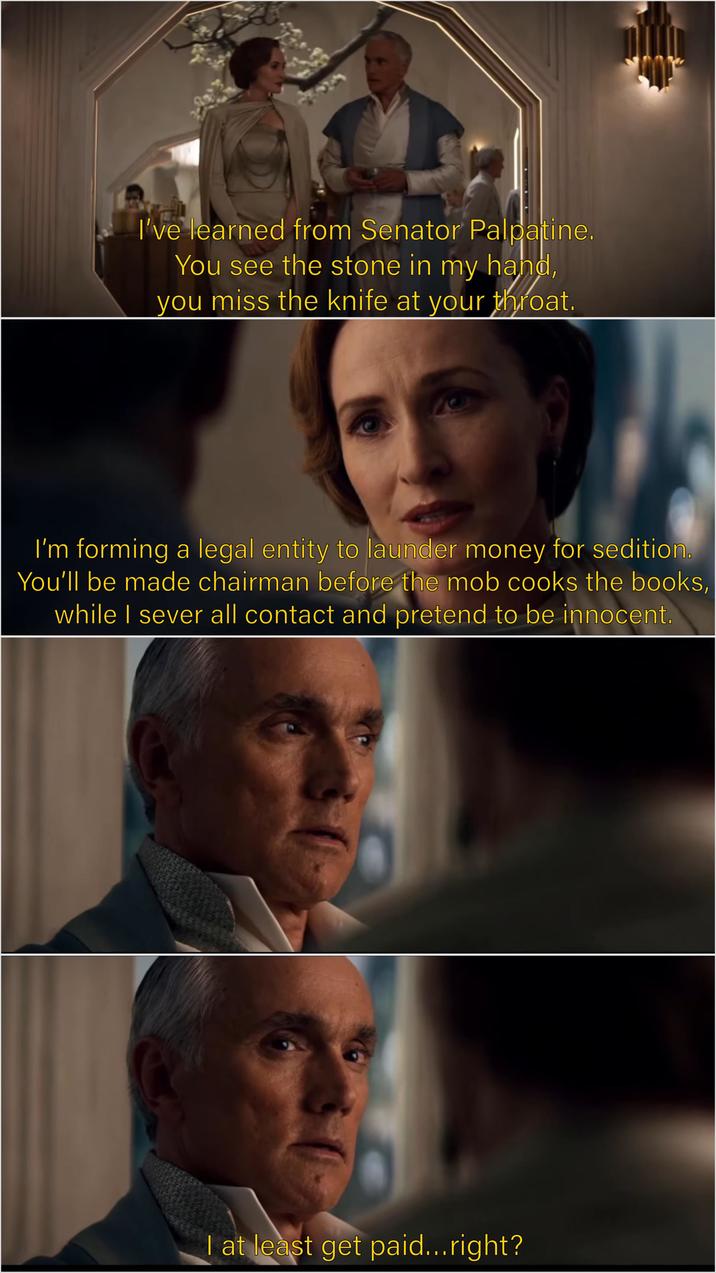 I've learned from Senator Palpatine. You see the stone in my hand, you miss the knife at your throat. I'm forming a legal entity to launder money for sedition. You'll be made chairman before the mob cooks the books, while I sever all contact and pretend to be innocent. I at least get paid...right?