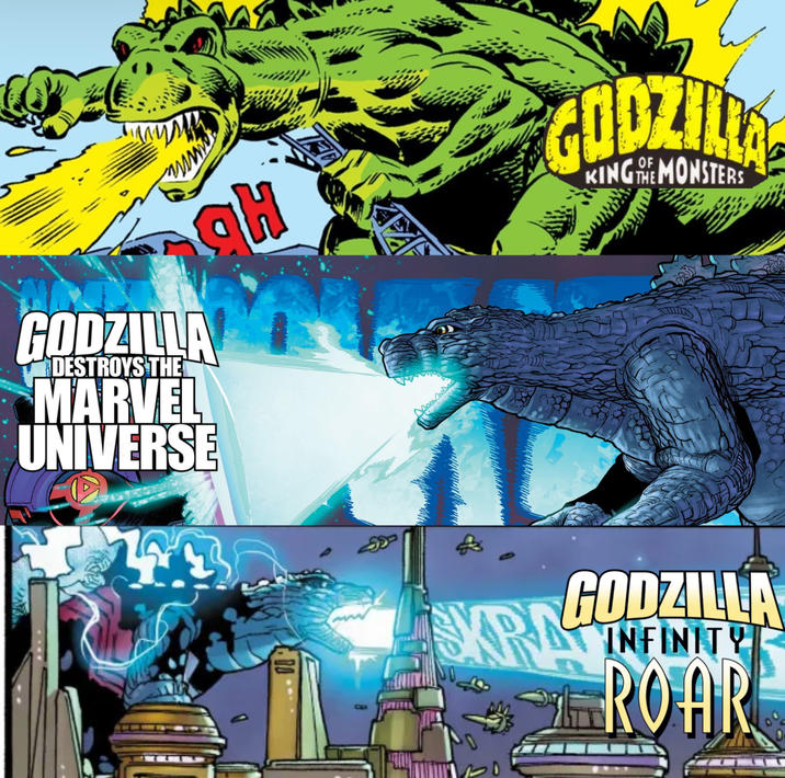 wwwww H GODZILLA KING THE MONSTERS GODZILLA DESTROYS THE MARVEL UNIVERSE SKRA GODZILLA XPO INFINITY RROAR