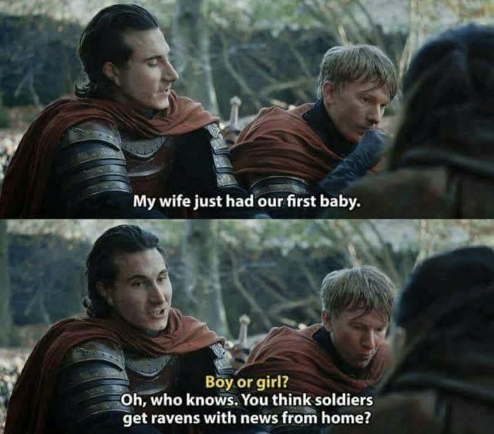 My wife just had our first baby. Boy or girl? Oh, who knows. You think soldiers get ravens with news from home?