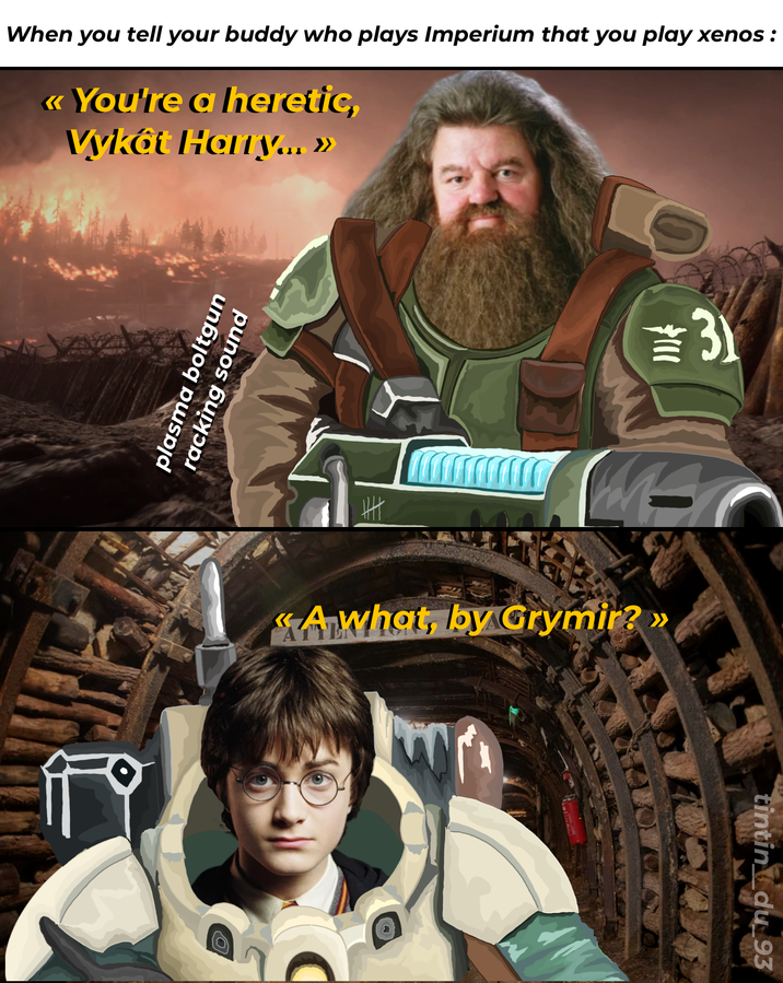 When you tell your buddy who plays Imperium that you play xenos: « You're a heretic, Vykot Hany... >> plasma boltgun racking sound HH = 31 «Awhat, by Grymir? » tintin du_93