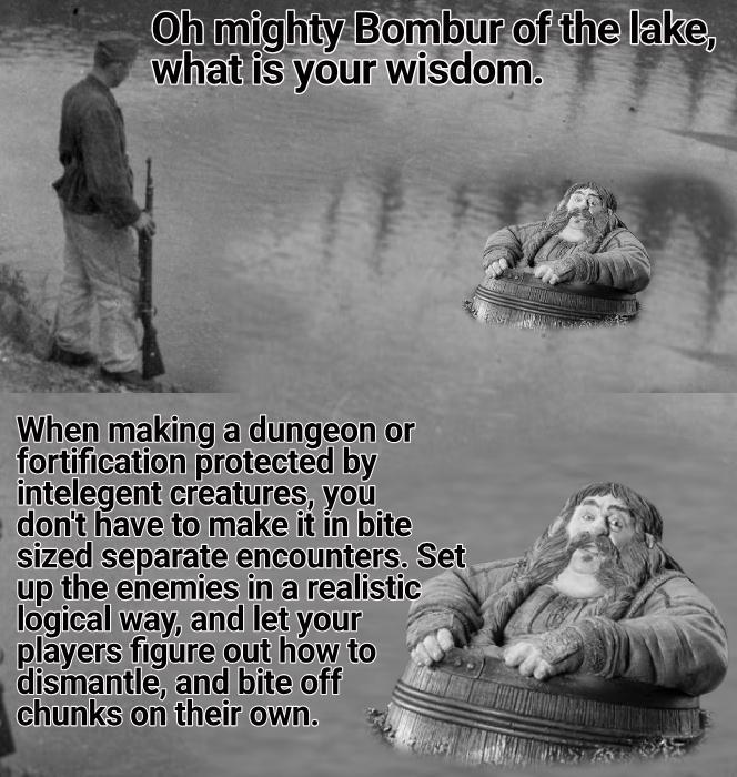 Oh mighty Bombur of the lake, what is your wisdom. When making a dungeon or fortification protected by intelegent creatures, you don't have to make it in bite sized separate encounters. Set up the enemies in a realistic logical way, and let your players figure out how to dismantle, and bite off chunks on their own.
