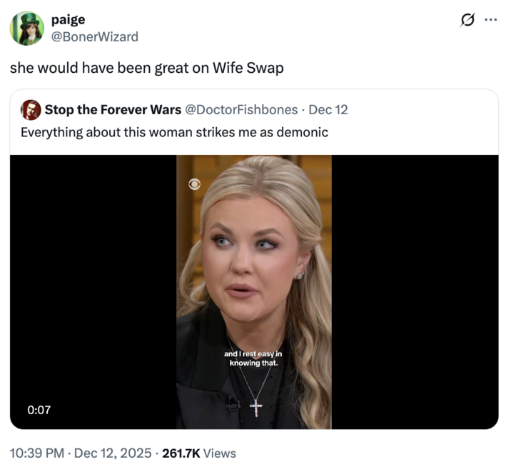 A "tweet":https://knowyourmeme.com/memes/sites/twitter-x about Erika Kirk, the widow of late right-wing political organizer "Charlie Kirk":https://knowyourmeme.com/memes/people/charlie-kirk, concerning her CBS Town Hall Interview in December 2025.