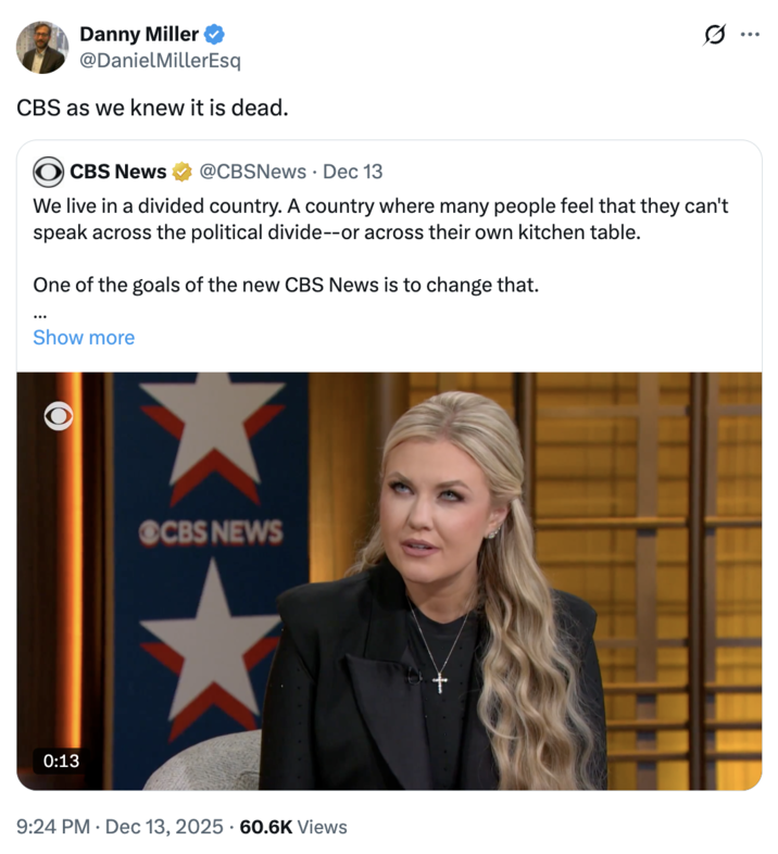 A "tweet":https://knowyourmeme.com/memes/sites/twitter-x about Erika Kirk, the widow of late right-wing political organizer "Charlie Kirk":https://knowyourmeme.com/memes/people/charlie-kirk, concerning her CBS Town Hall Interview in December 2025.
